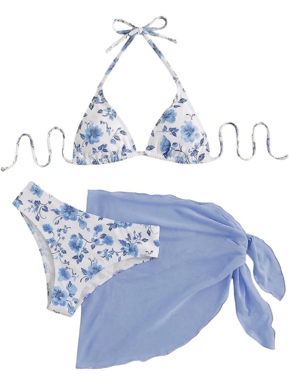 Floral Polka Dot 3 Piece Bikini Set with Wrap Coverup & Halter Top Swimsuit